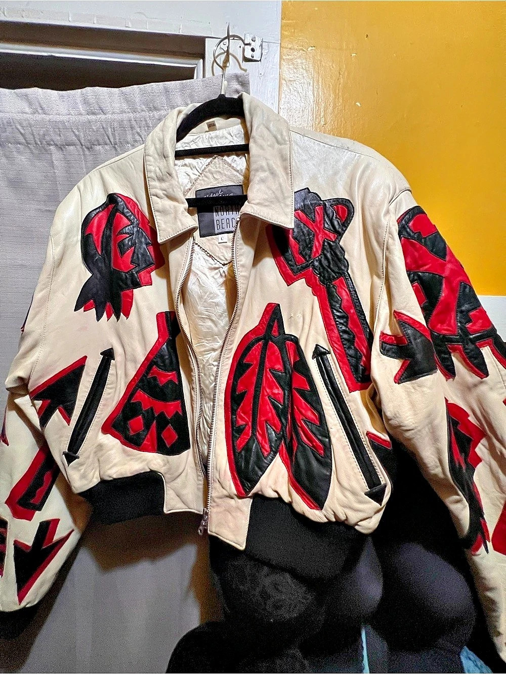 Vintage Leather Michael Hoban Bomber/Varsity Jacket in Cream & Red Size Large